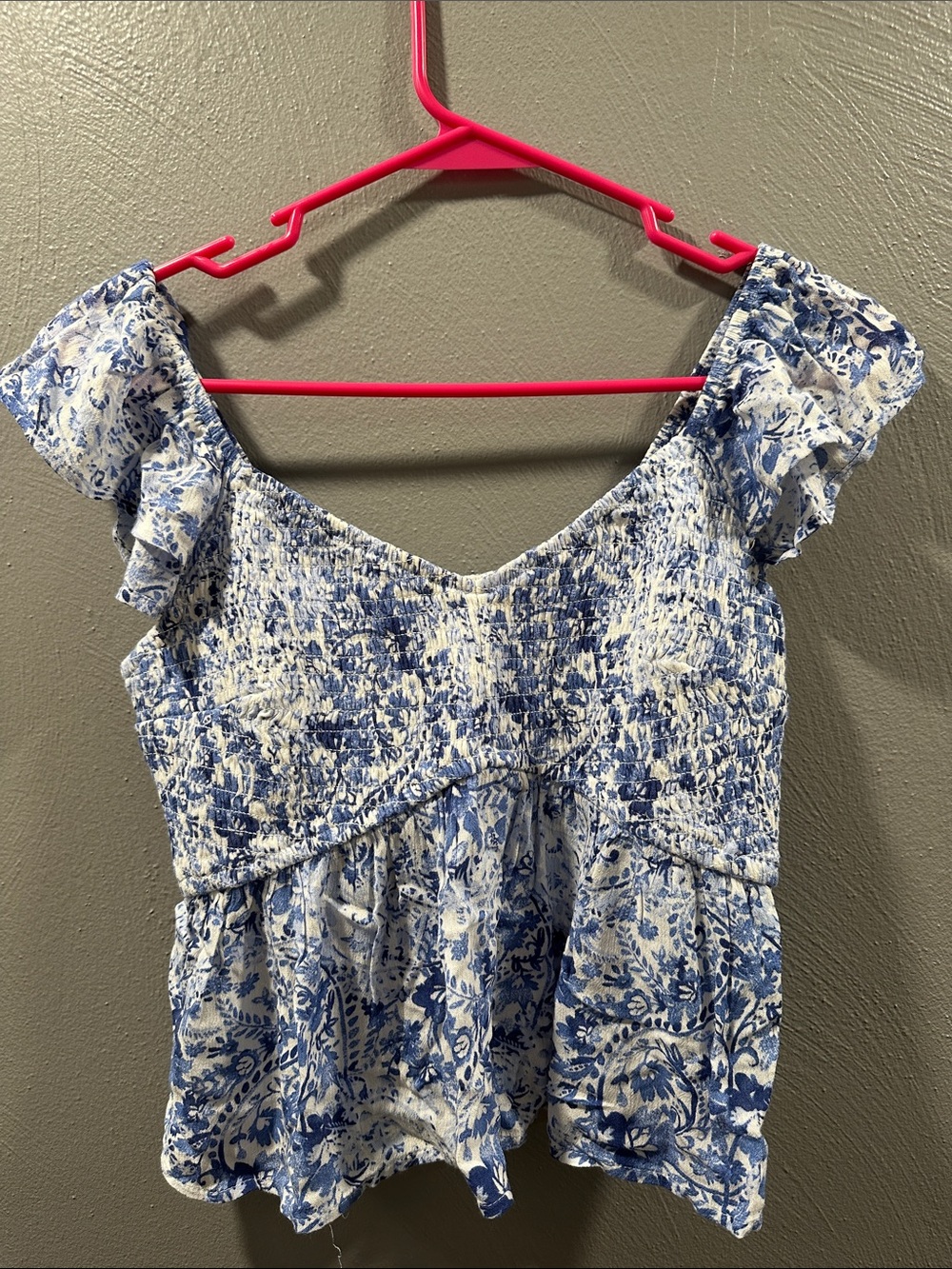Hollister Blue and White Floral Smocked Peplum Top